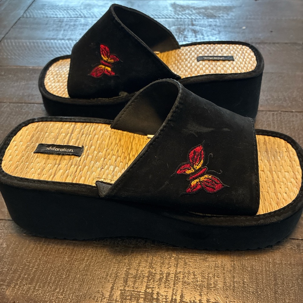Xhilaration Black Platform Sandals with Red Butterfly